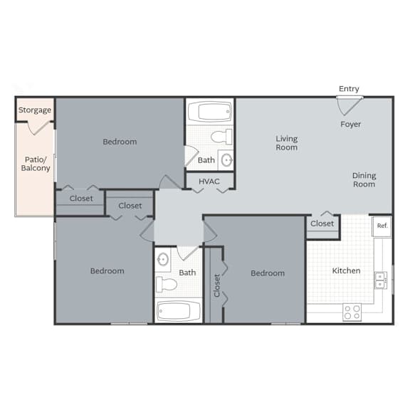 Floor Plan  A floor plan of a house with labeled rooms such as Bedroom, Bath, Kitchen, Living Room, Dining Room, Entry, and Foyer.