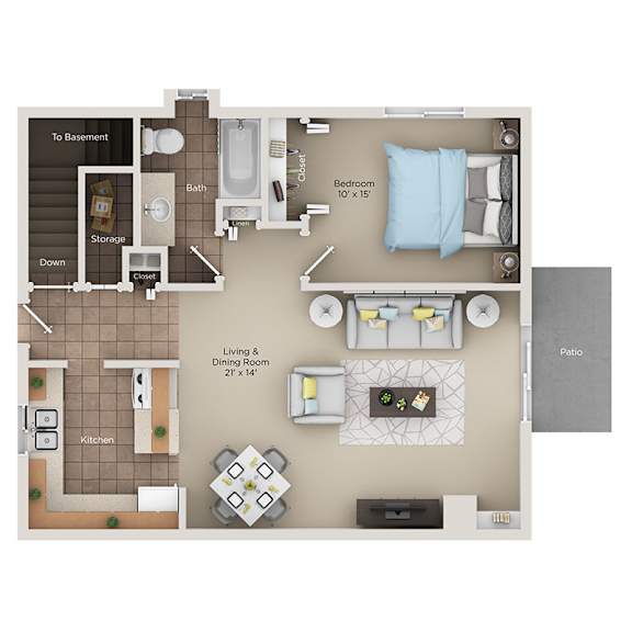 floor plan of a 1 bed 1 bath townhome