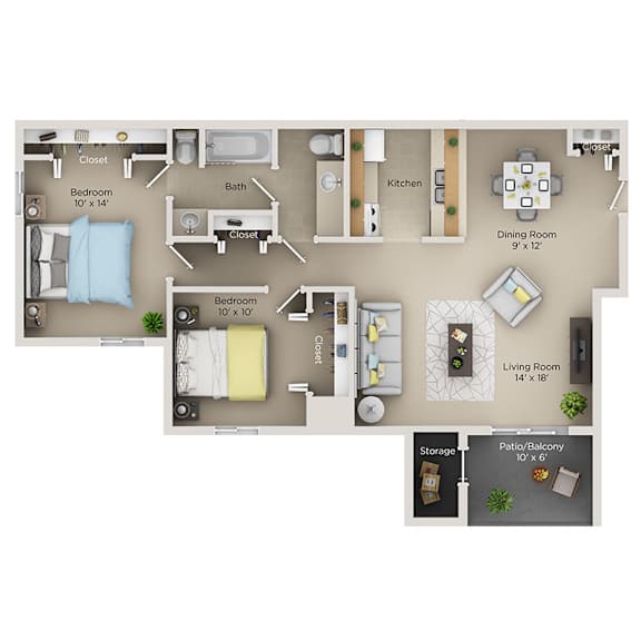 A floor plan of an apartment with two bedrooms, a living room, a dining room, a kitchen, a bathroom, a closet, and a storage area.