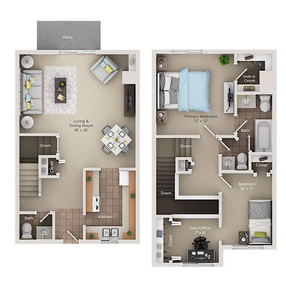 floor plan of a 2 bed 1 .5 bath townhome
