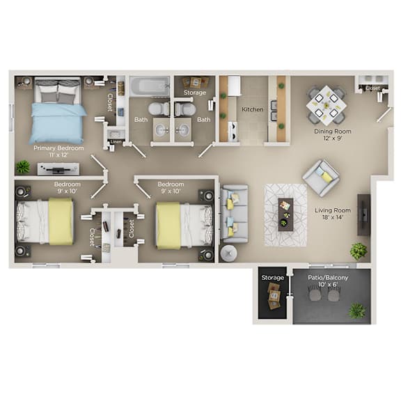 Floor Plan  A floor plan of an apartment with a living room, two bedrooms, a bathroom, a kitchen, a dining room, and storage space.