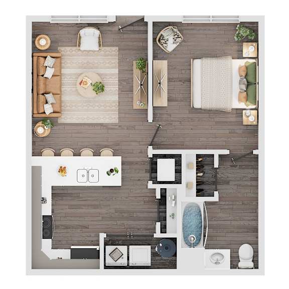 A top-down view of a modern apartment layout with a kitchen, living room, and bathroom.