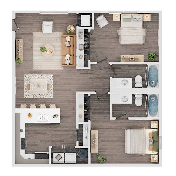 A top-down view of a well-organized living space with a kitchen, dining area, and bathroom.