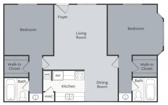 A floor plan of a home with two bedrooms, a living room, a kitchen, a dining room, and two bathrooms.