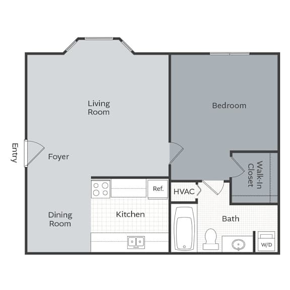 A floor plan of a home with a living room, dining room, kitchen, bath, bedroom, and walk-in closet.