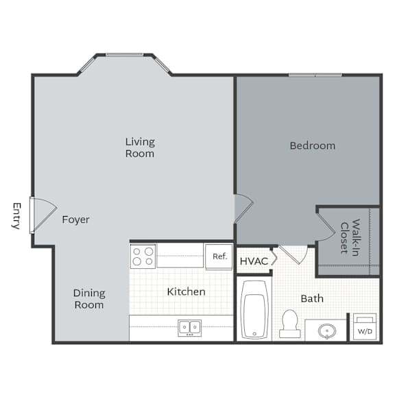 A floor plan of a house with a living room, dining room, kitchen, bath, bedroom, and closet.