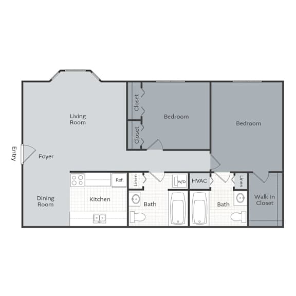 A floor plan of a house with a living room, two bedrooms, a dining room, a kitchen, two bathrooms, a foyer, a walk-in closet, a laundry room, a reference room, and an