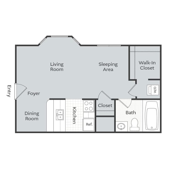 A floor plan of a house with a living room, dining room, kitchen, bathroom, and sleeping area.