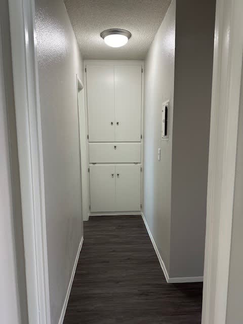 A long hallway with a white door and a white cabinet.