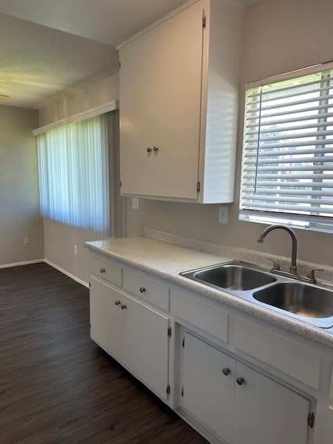 A kitchen with a sink and cabinets.