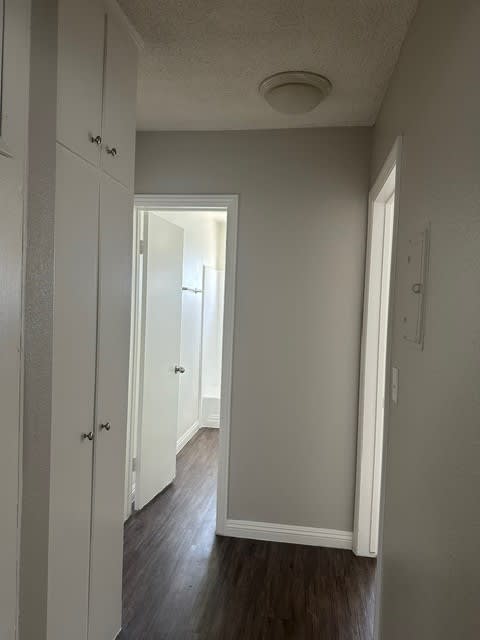 A hallway with white doors and wood floors.