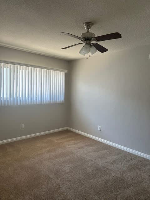 A room with a ceiling fan and carpeted floor.
