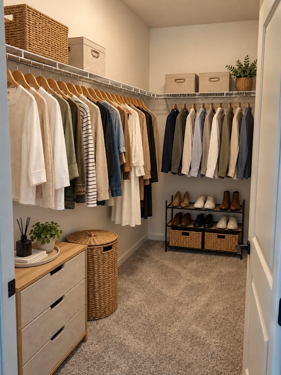 A white closet with clothes and shoes.
