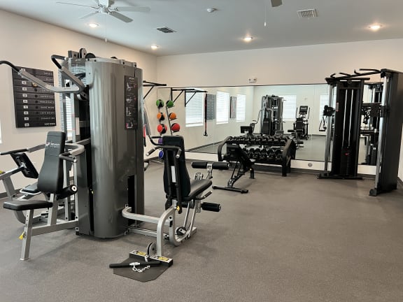 a gym with cardio equipment and weights on the floor at Gibson Oaks, Lakeland, FL