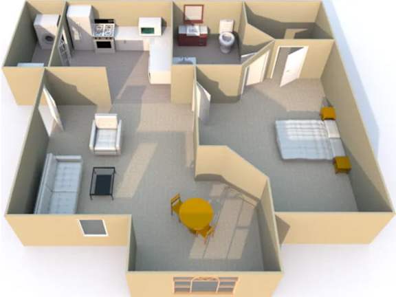 an overhead view of a room with a desk and a chair