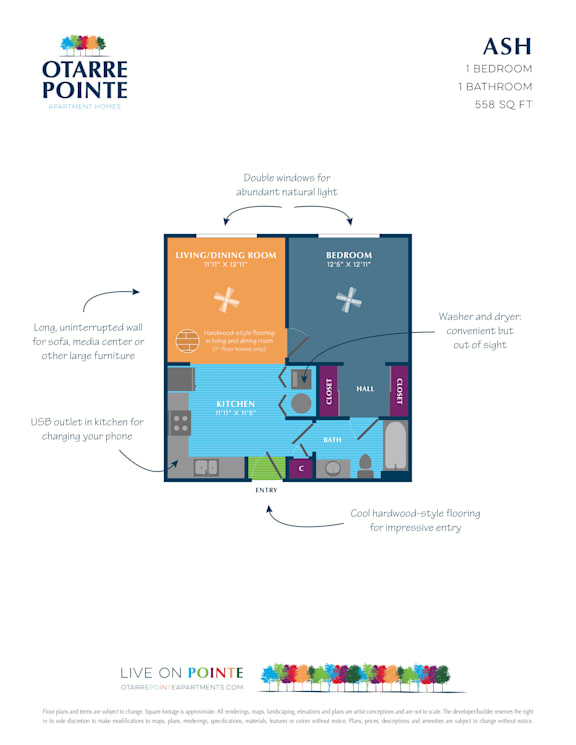 A floor plan for a 1 bedroom, 1 bathroom apartment at Otarte Pointe, featuring a living/dining room, bedroom, kitchen, and bathroom.