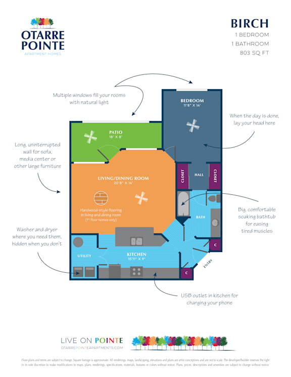 A colorful floor plan of a one bedroom apartment with labeled rooms and features.