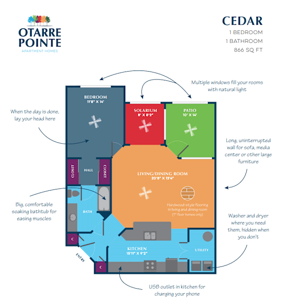 A floor plan for the Otarre Pointe Apartment Homes, showing the layout of one bedroom apartment with 866 square feet.