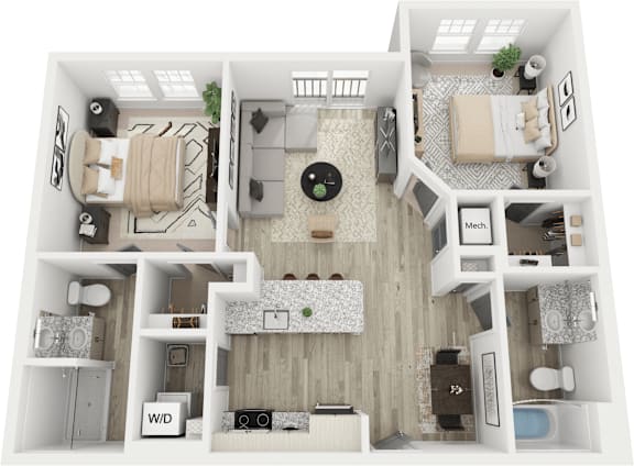 A 3D floor plan of a small apartment with a living room, kitchen, and bathroom.