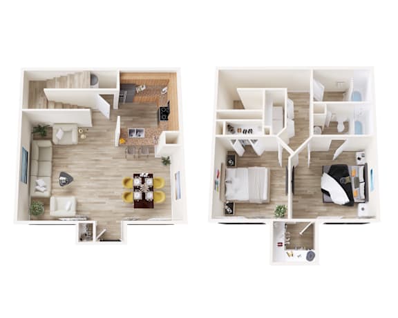A top down view of a modern apartment with two bedrooms, a living room, a kitchen, and a bathroom.