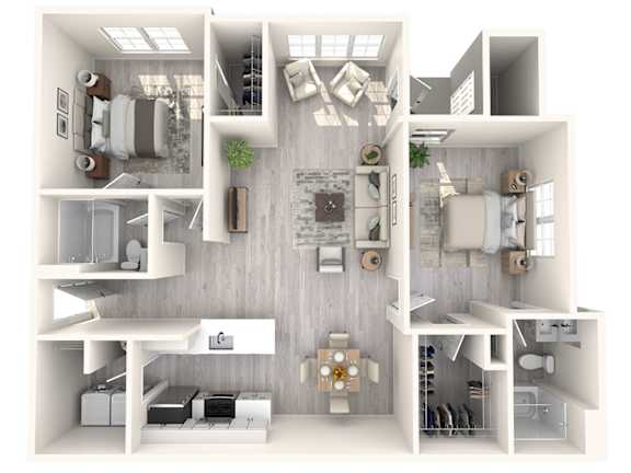 A 3D floor plan of a house with a kitchen, living room, and two bedrooms.