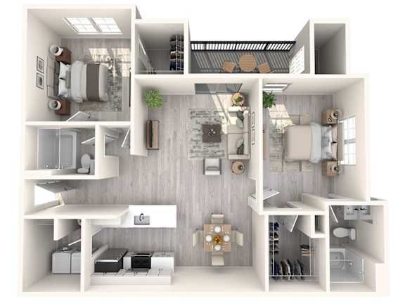 A 3D floor plan of a house with a kitchen, living room, and two bedrooms.