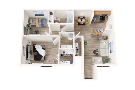 A top down view of a modern apartment layout.