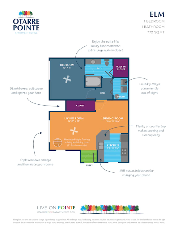 A floor plan for a 1 bedroom, 1 bathroom apartment at Otarte Pointe, featuring a living room, dining room, kitchen, and bathroom.