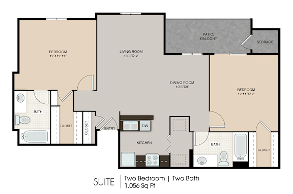 A floor plan of a suite with two bedrooms and two bathrooms.