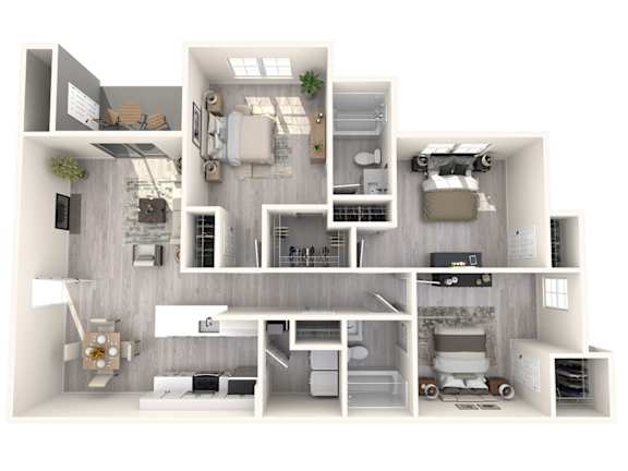 A 3D rendered image of a modern, minimalist house with a kitchen, living room, and bedroom.