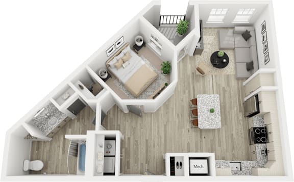 A top down view of a house interior with a kitchen, living room, and bathroom.