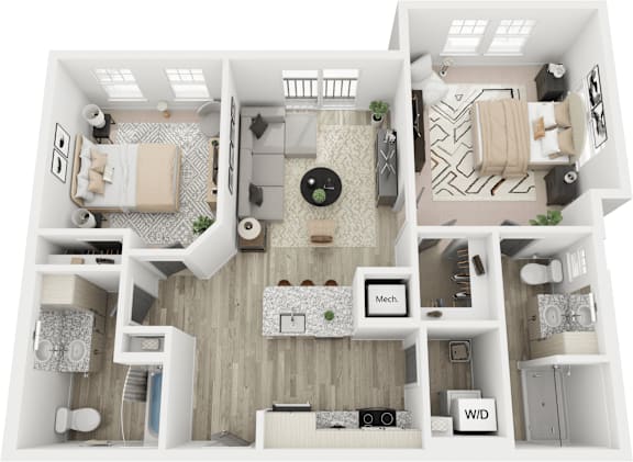A top-down view of a small apartment with a living room, kitchen, and bathroom.