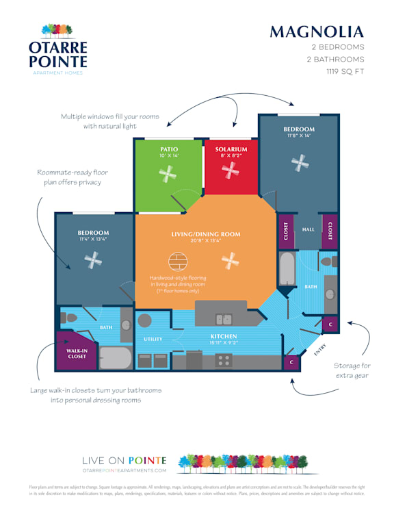 A floor plan for a 2 bedroom, 2 bathroom apartment of 110 square feet, featuring a living room, kitchen, bedroom, and bathroom.