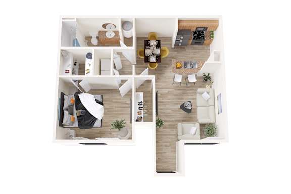 A top down view of a modern apartment with a living room, kitchen, and bedroom.