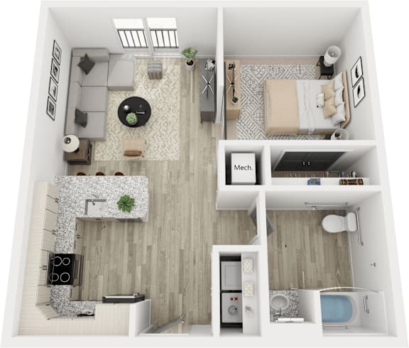 A top down view of a modern apartment layout with a kitchen, living room, dining area, and bathroom.