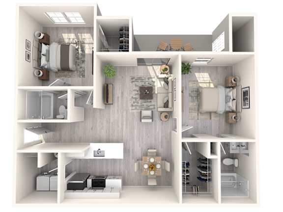 A 3D floor plan of a house showing the layout of the rooms.