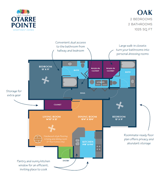 A floor plan for apartment homes by Otarre Pointe, featuring two bedrooms and two bathrooms.