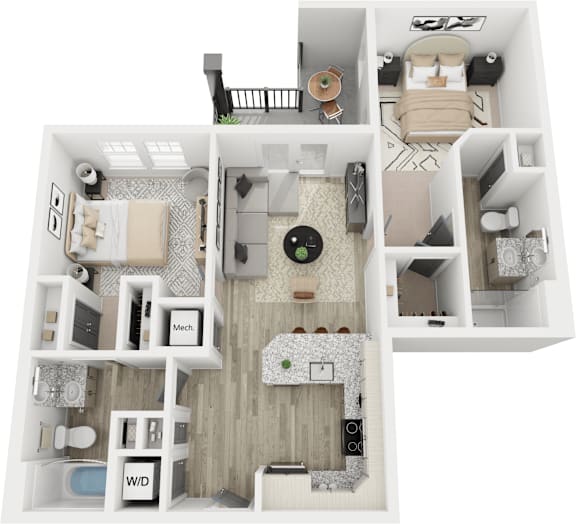 A 3D floor plan of a house showing a kitchen, living room, and two bedrooms.
