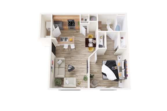 A top down view of a modern apartment with a living room, kitchen, and bedroom.