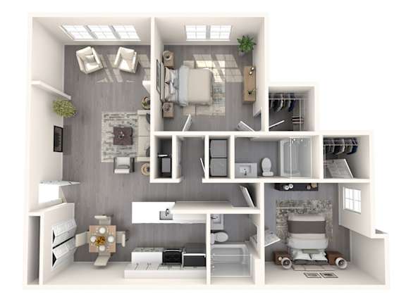A 3D floor plan of a house with a kitchen, living room, and bathroom.