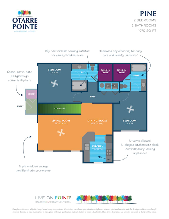 A floor plan for the Otarte Pointe Pine, a 2 bedroom, 2 bathroom apartment, is displayed.