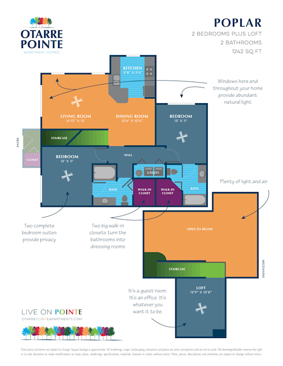 A floor plan for the Otarte Pointe apartment complex, showing a 2 bedroom plus loft with 2 bathrooms and a total area of 1242 square feet.