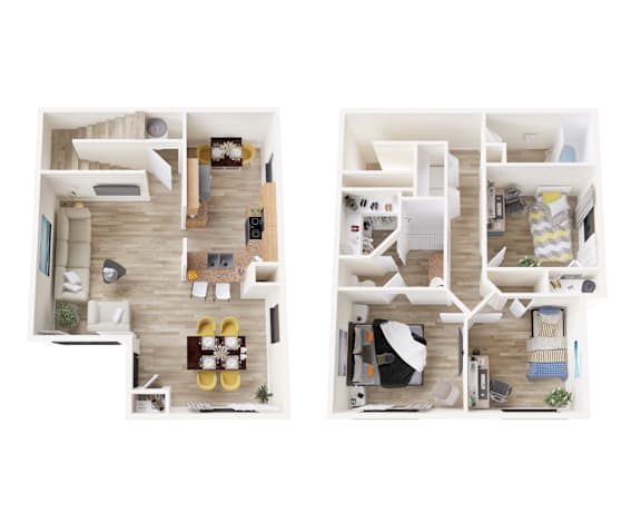 Two images of a small apartment with a living room, kitchen, and bedroom.
