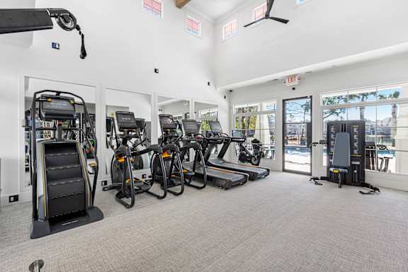 A gym with treadmills, elliptical machines, and other cardio equipment.