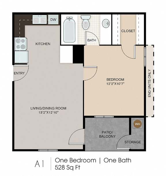A one bedroom apartment with one bath has a living/dining room, kitchen, and a closet.