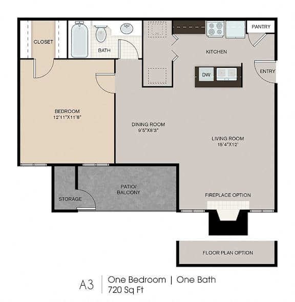 A floor plan of a one bedroom, one bath apartment.