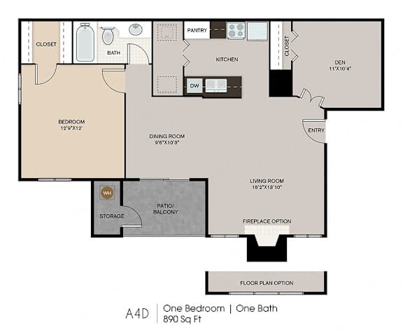 A floor plan of a one bedroom apartment with one bath and a living area.
