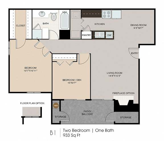 A floor plan of a one bedroom apartment with one bath.