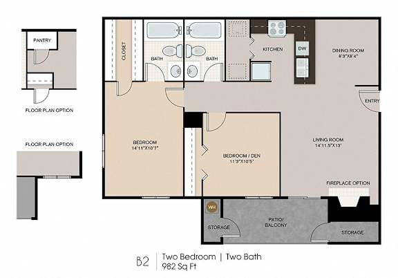 A floor plan of a B2 room with two bedrooms and two bathrooms.