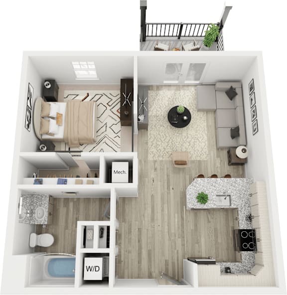 A top-down view of a small apartment with a bedroom, living room, and kitchen.